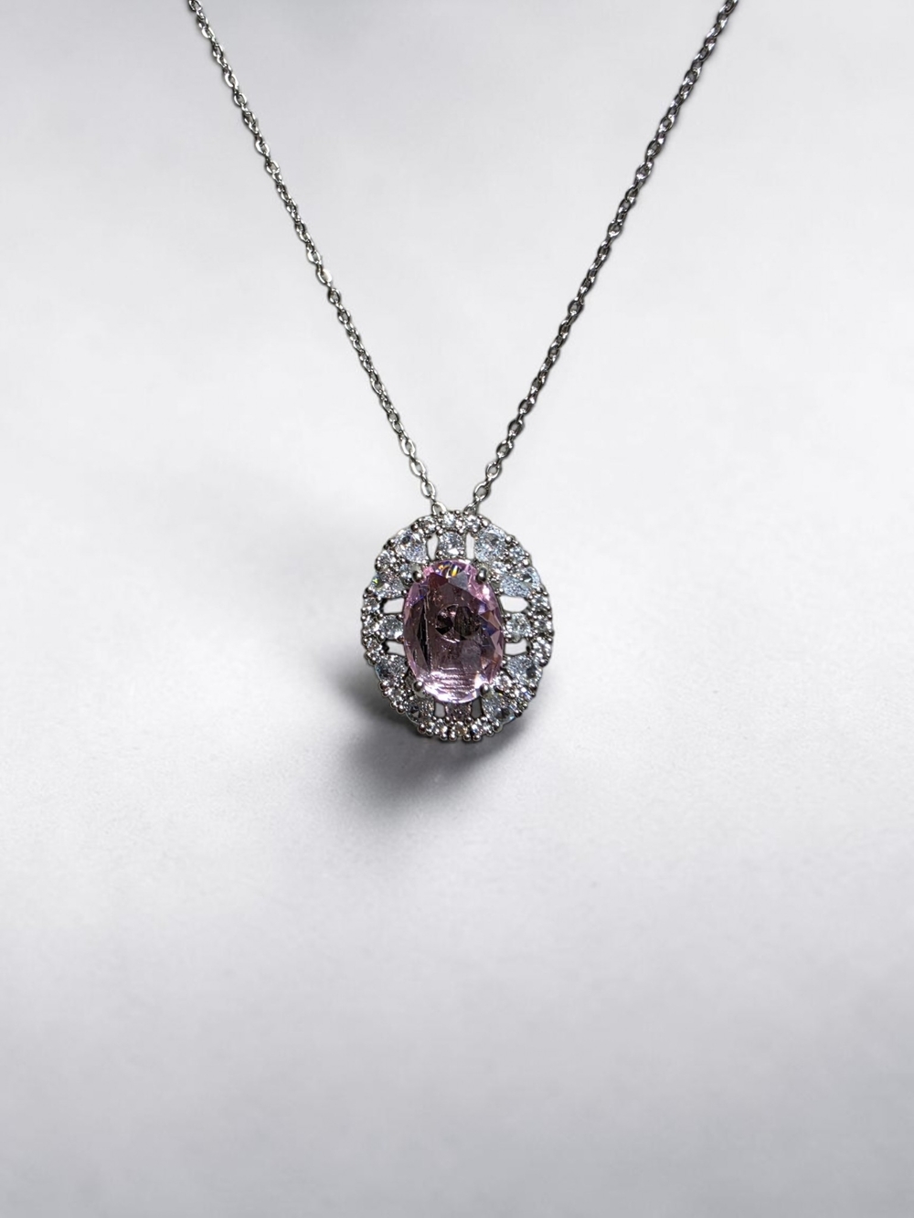 Pink Oval Halo Pendant Necklace